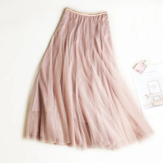 Summer mesh pleated skirt, high waist, A-line, chic maxi tutu.