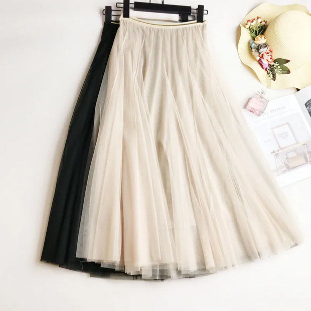 Summer mesh pleated skirt, high waist, A-line, chic maxi tutu.