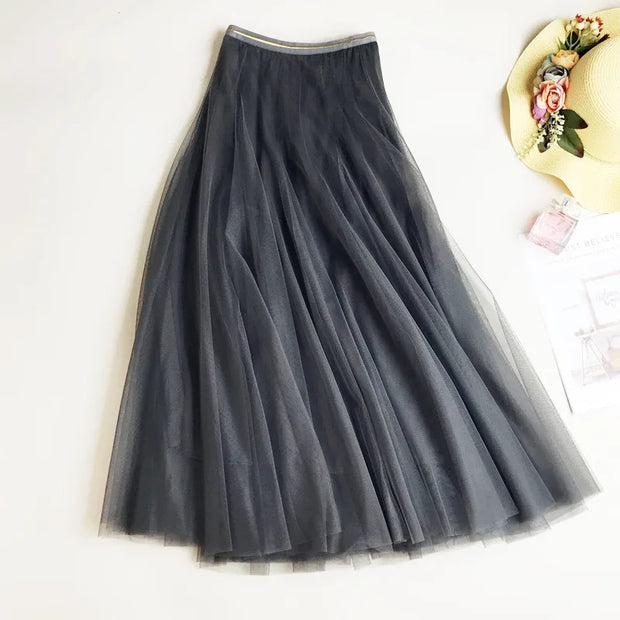 Summer mesh pleated skirt, high waist, A-line, chic maxi tutu.